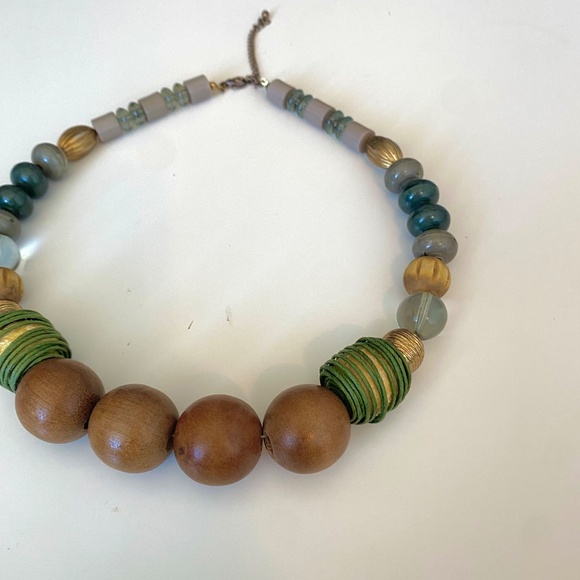 Vintage Chunky Wood & Mixed Bead Statement Necklace — Boho 70s Vibes - Picture 2 of 7
